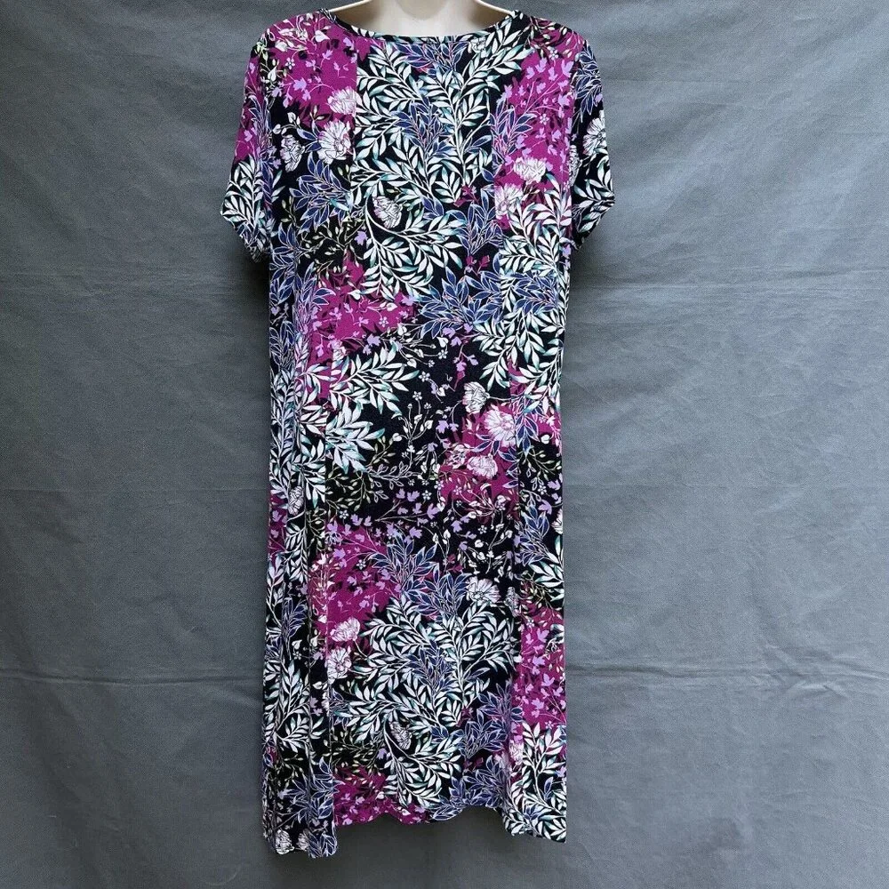 J. Jill Wearever Size S Black Purple Stretchy Floral Comfortable Dress Short